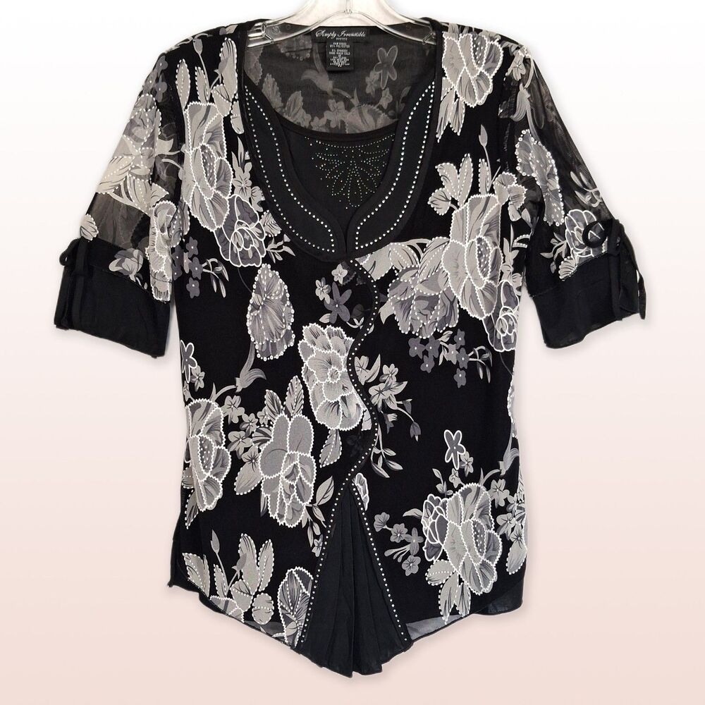 Simply Irresistible Black White Floral Tunic Rhinestones Bow Tie Sleeves Size SP